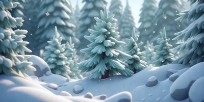 The primary subject of the image is a group of snow-covered pine trees. The setting is a snowy forest, with the trees surrounded by a layer of snow. The visual style is digital art, as the trees are depicted in a 3D environment. The colors and mood of the image are predominantly white, giving it a serene and peaceful atmosphere.
